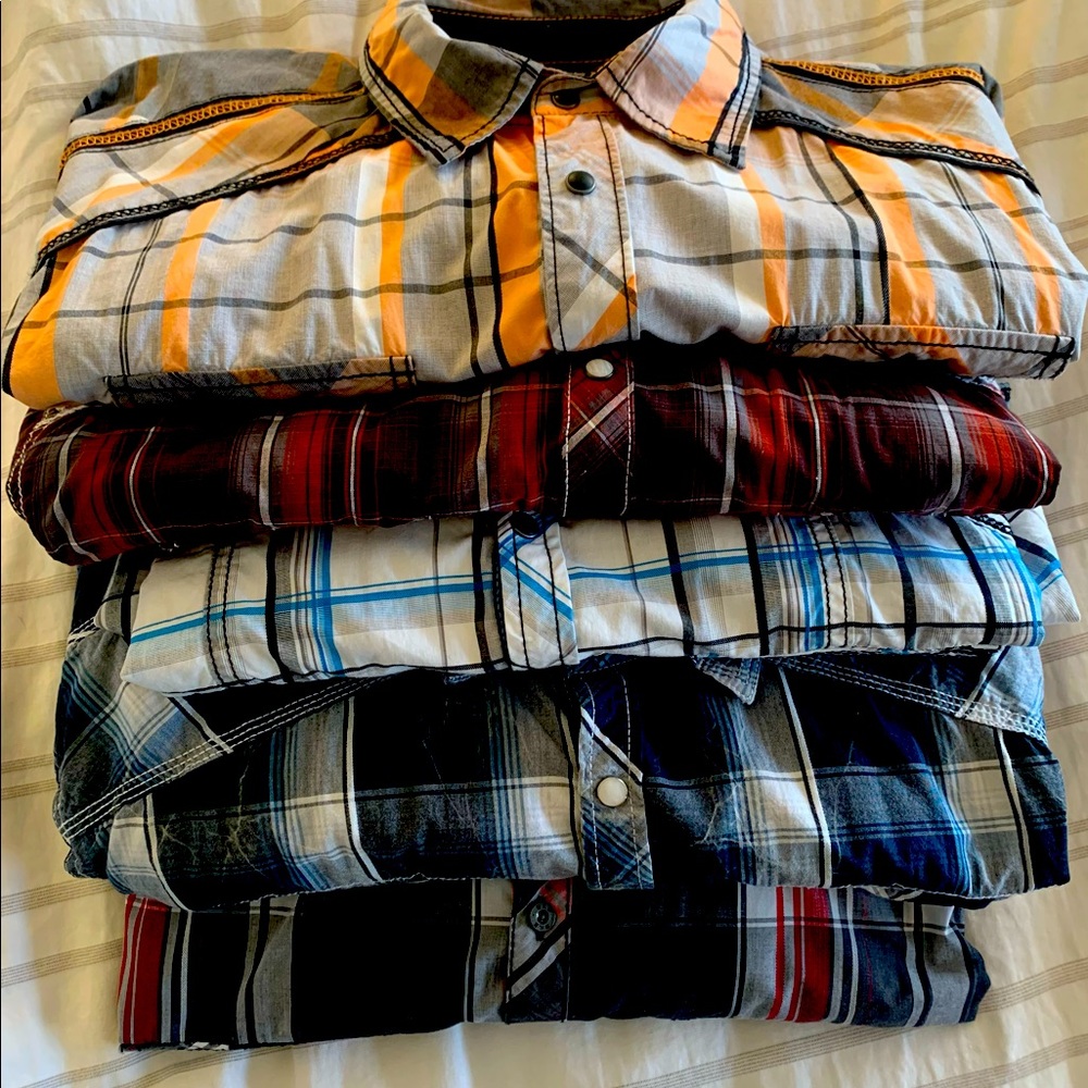 5 plaid BKE XL snap down shorts, long sleeve